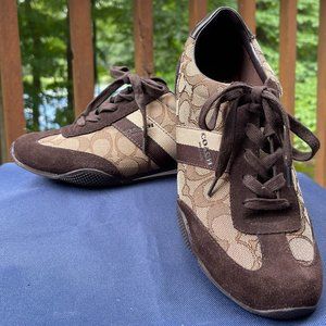Coach Women Size 7S.5 Kelson Brown Beige Signature Canvas Suede Shoes Sneakers